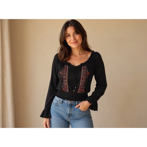 Vintage Havana Tops - Vintage Havana Top Blouse S On/off Shoulder Embroidered Black Elastic Waist Boho